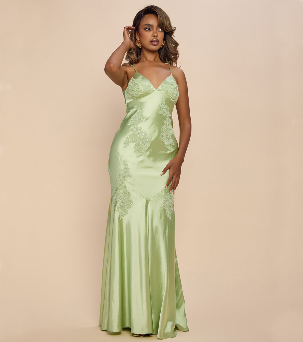 Rachel Satin Open Back Formal Dress in Sage | Size: L | Knit Fabric/Satin Fabric