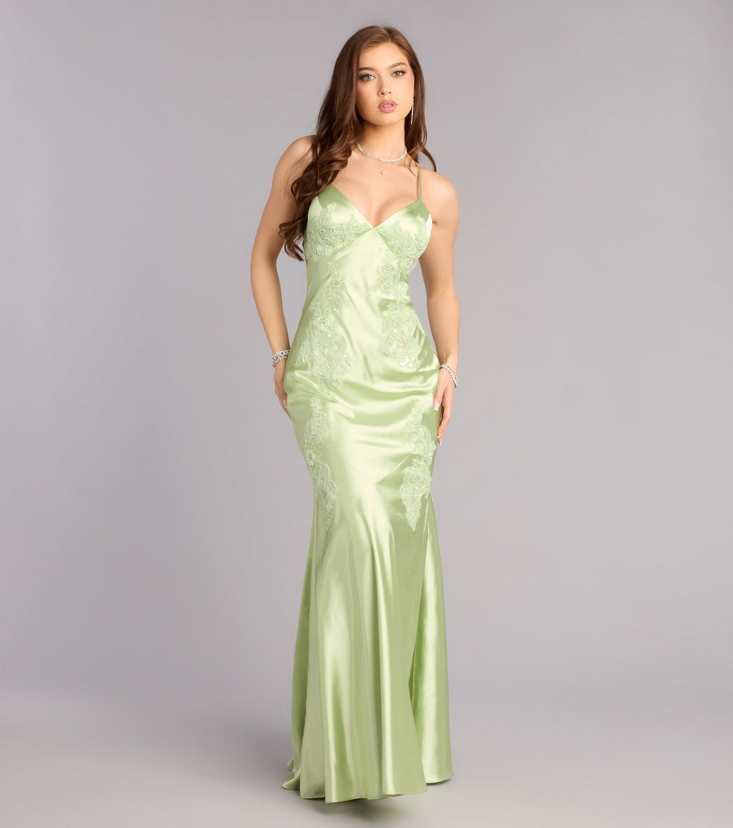 Rachel Satin Open Back Formal Dress in Sage | Size: L | Knit Fabric/Satin Fabric | Windsor Rachel Satin Open Back Formal Dress in Sage | Size: L | Knit Fabric/Satin Fabric | Windsor