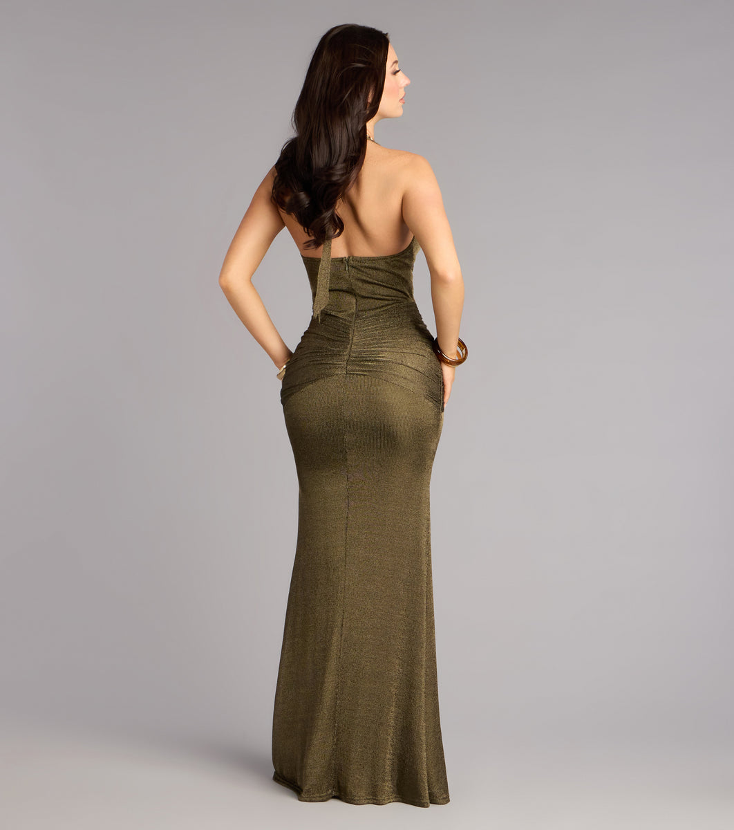monroe satin off shoulder maxi dress Monroe Metallic Knit Mermaid Formal Dress