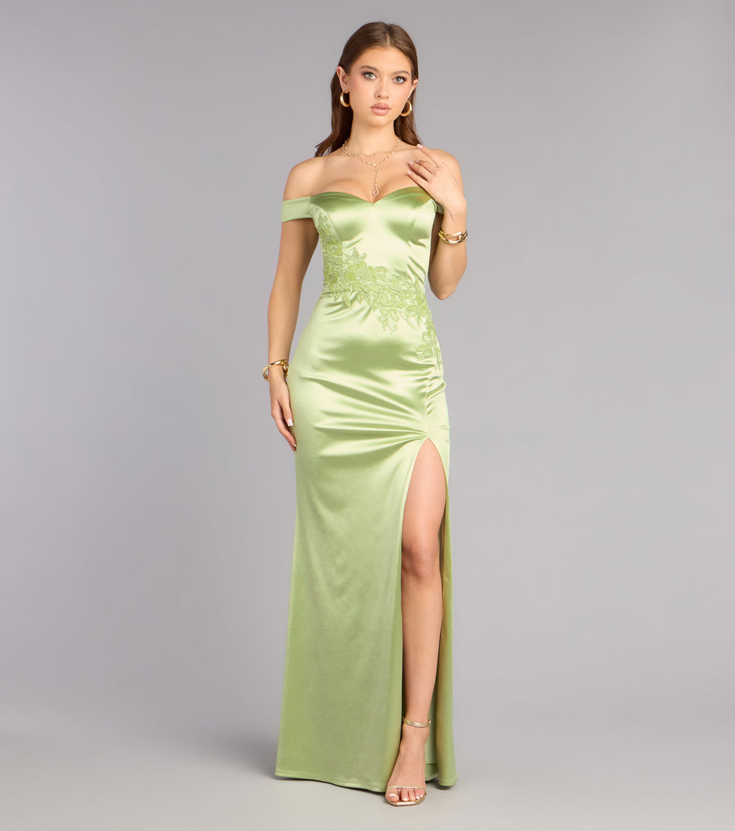 stevie midi dress free people Windsor Stevie Off-The-Shoulder Formal Dress in Sage | Size: S