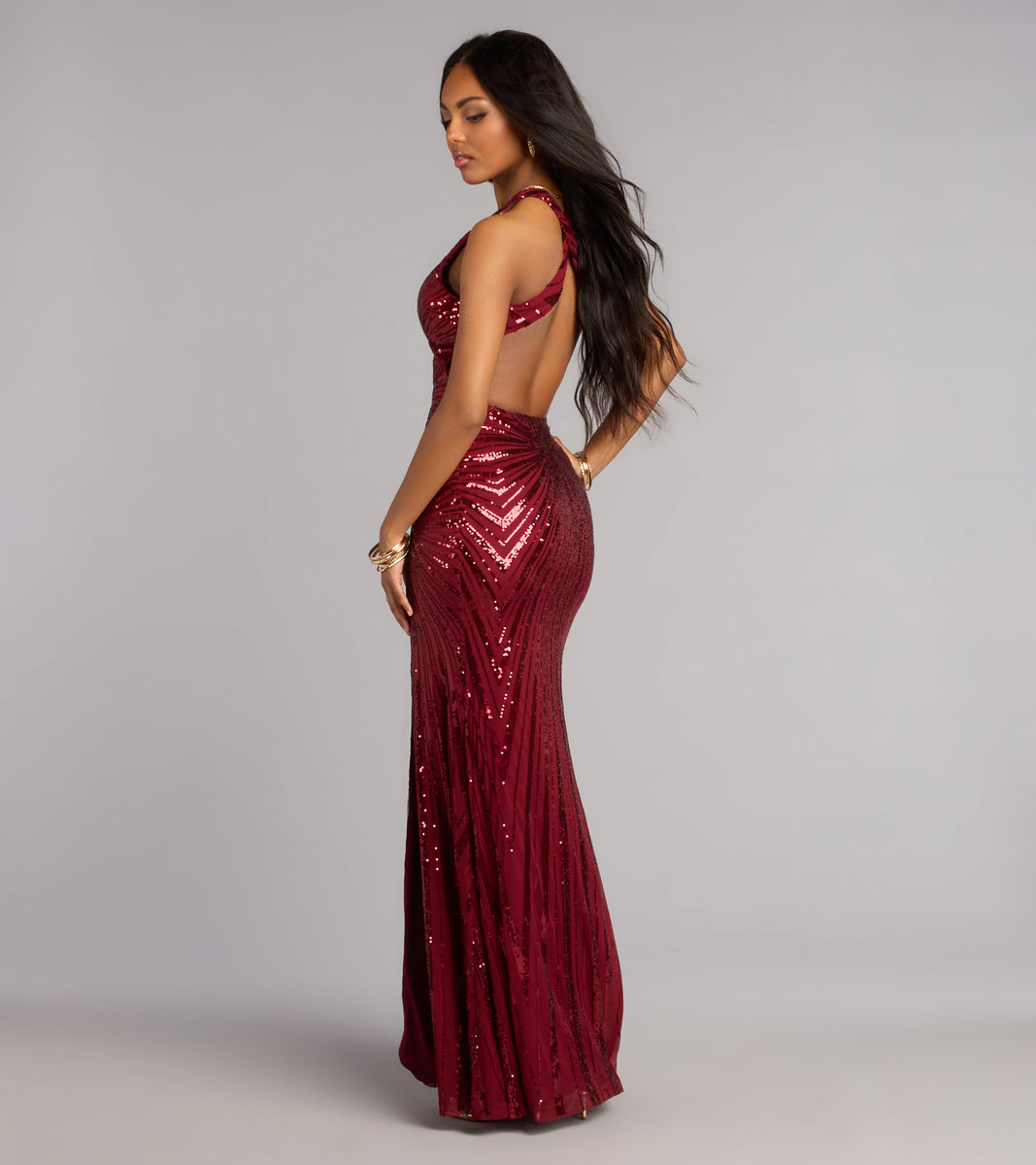 Windsor Rosaline Sequin Open Back Formal Dress in Wine | Size: L