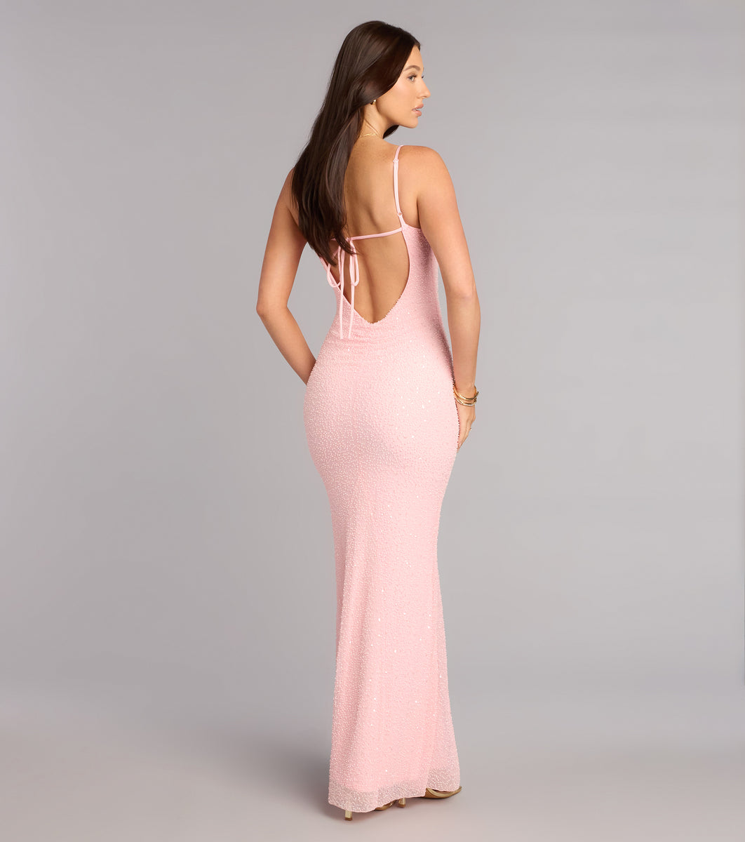 Maya Beaded Sequin Column Formal Dress
