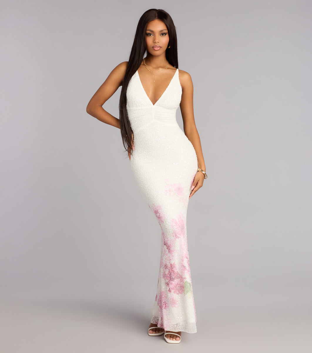 Margo Beaded Floral Print Mermaid Dress | Windsor