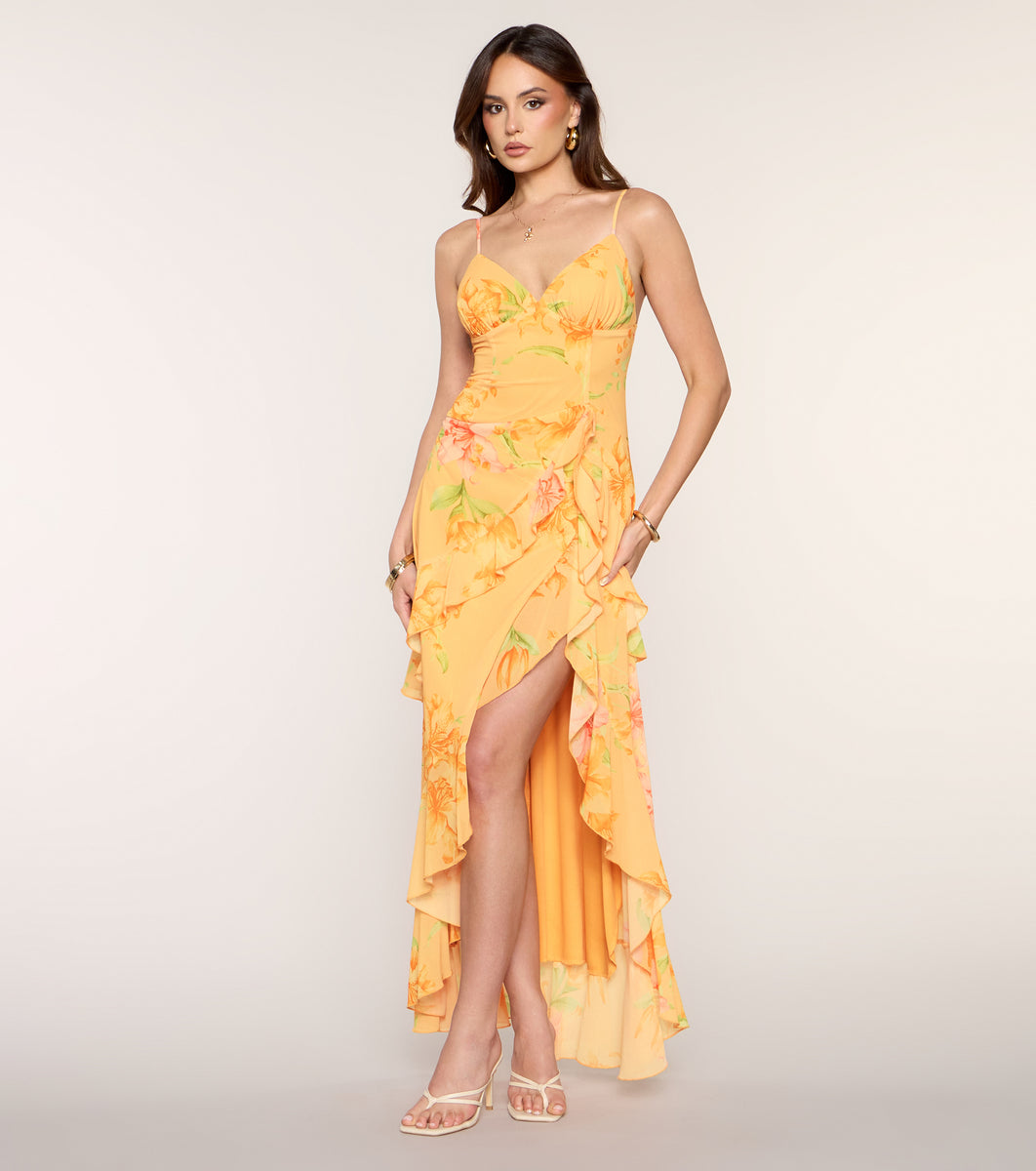 Priscilla Floral Chiffon Formal Dress in Orange | Size: XS | Chiffon/Knit Fabric