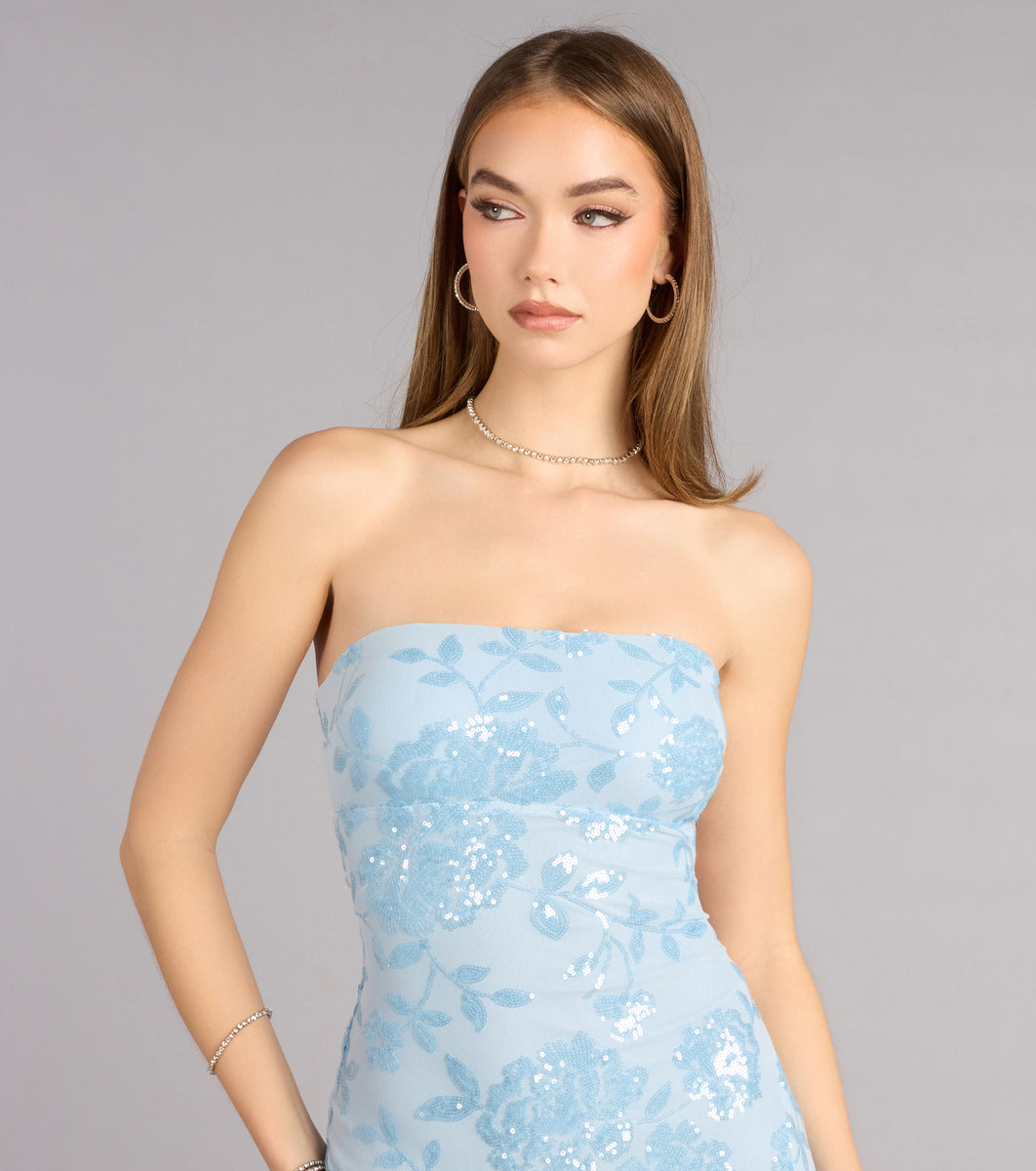 Windsor Isabel Sequin Floral Strapless Formal Dress in Light Blue | Size: L