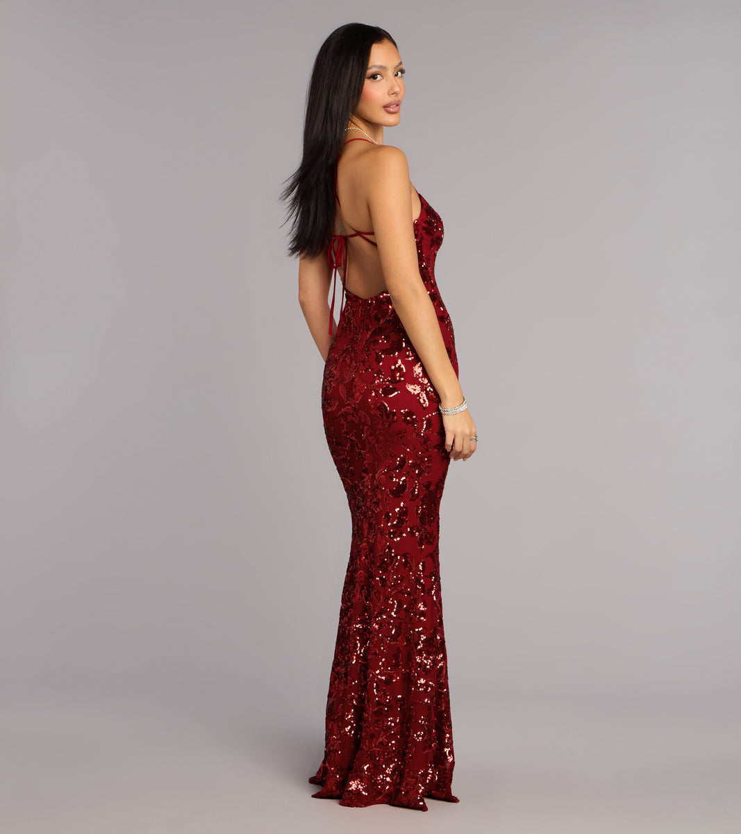 Betty Sequin Strappy Mermaid Formal Dress in Red | Size: M | Knit Fabric | Windsor Betty Sequin Strappy Mermaid Formal Dress in Red | Size: M | Knit Fabric | Windsor