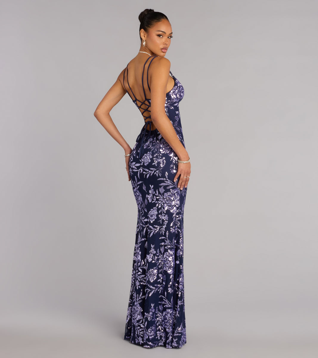 Angela Floral Sequin Formal Dress in Navy Blue | Size: XXS | Knit Fabric | Windsor Angela Floral Sequin Formal Dress in Navy Blue | Size: XXS | Knit Fabric | Windsor