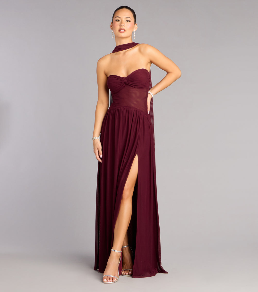 strapless burgundy dress Rhea Mesh Strapless A-Line Dress With Scarf