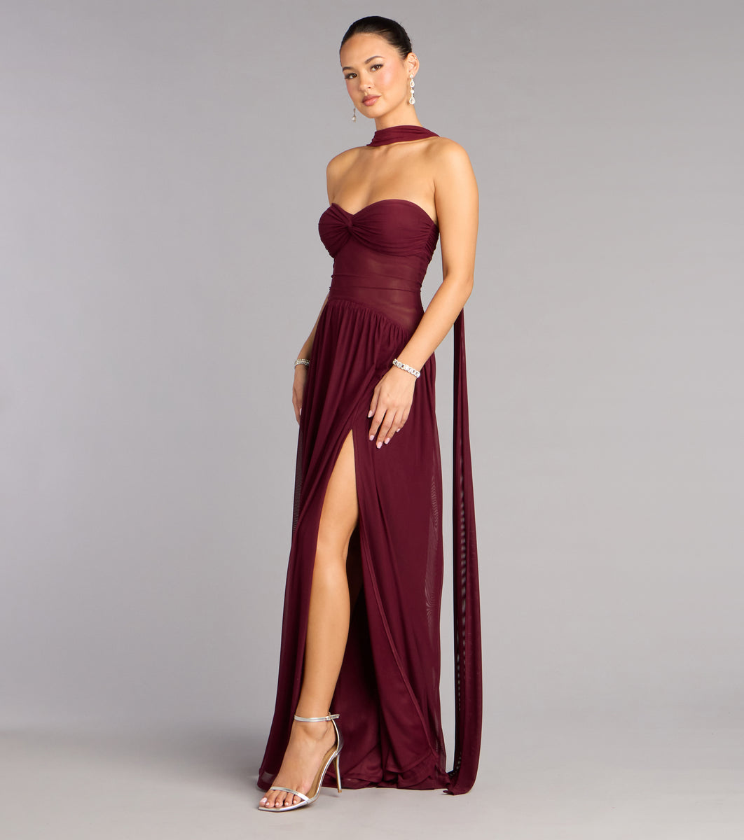 melody off shoulder mesh dress Rhea Mesh Strapless A-Line Dress With Scarf in Burgundy | Size: XS | Mesh Fabric/Sheer Mesh Fabric