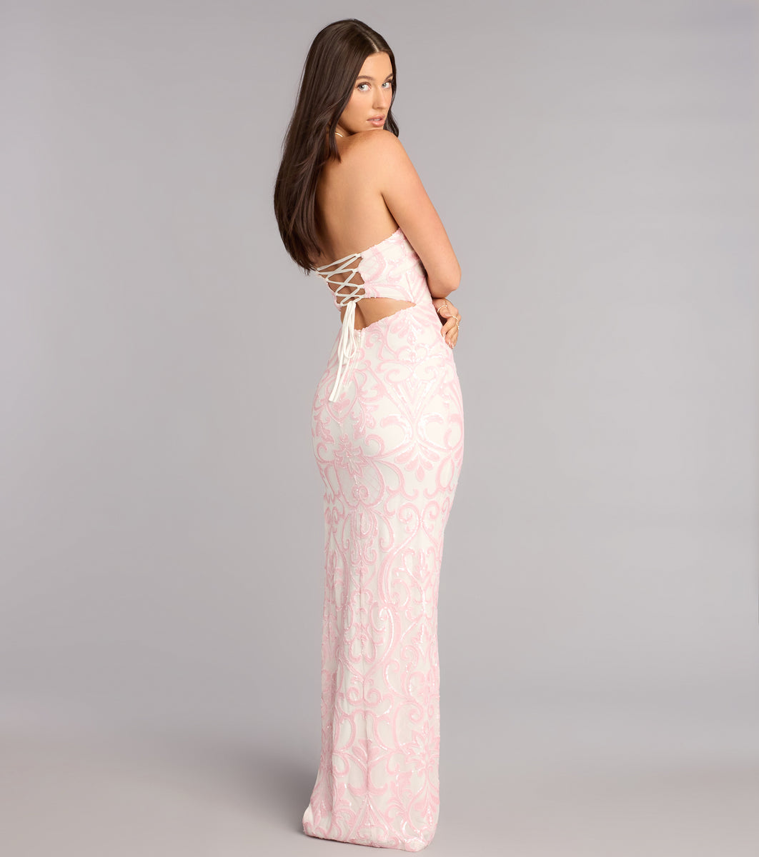 Alexis Sequin Column Formal Dress in Ivory | Size: XXS | Knit Fabric/Mesh Fabric/Sheer Mesh Fabric | Windsor Alexis Sequin Column Formal Dress in Ivory | Size: XXS | Knit Fabric/Mesh Fabric/Sheer Mesh Fabric | Windsor