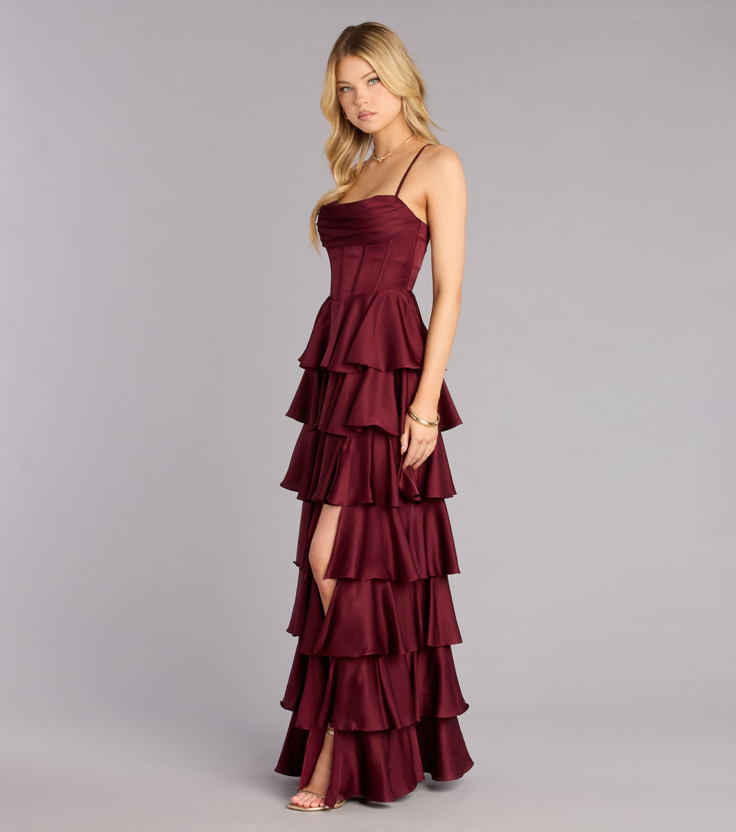 Rose Satin Ruffle A-Line Formal Dress | Windsor Rose Satin Ruffle A-Line Formal Dress | Windsor