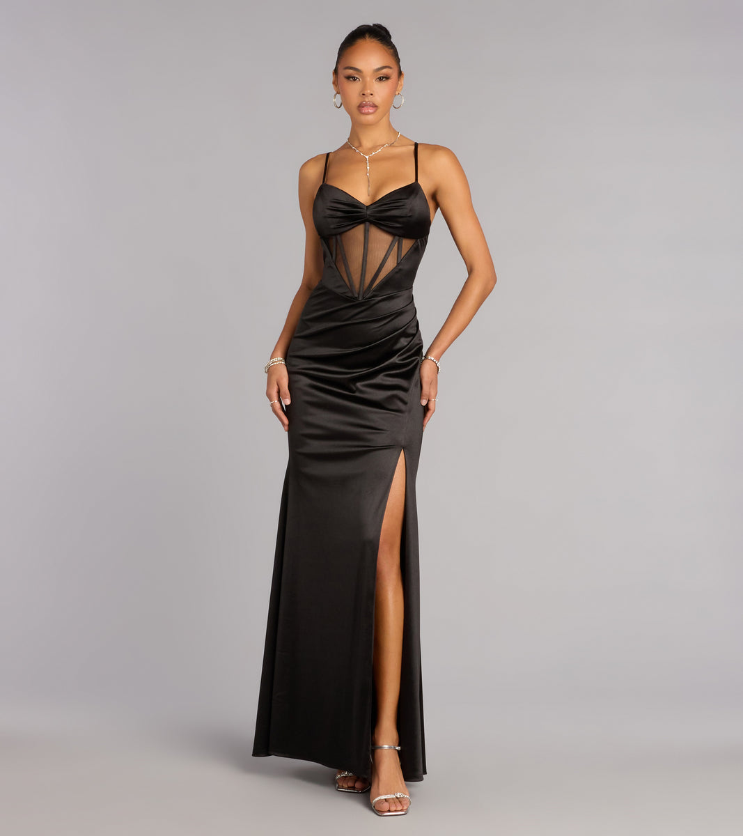 freddie black lace satin maxi corset dress Miss Circle Freddie Black Lace Satin Maxi Corset Dress M