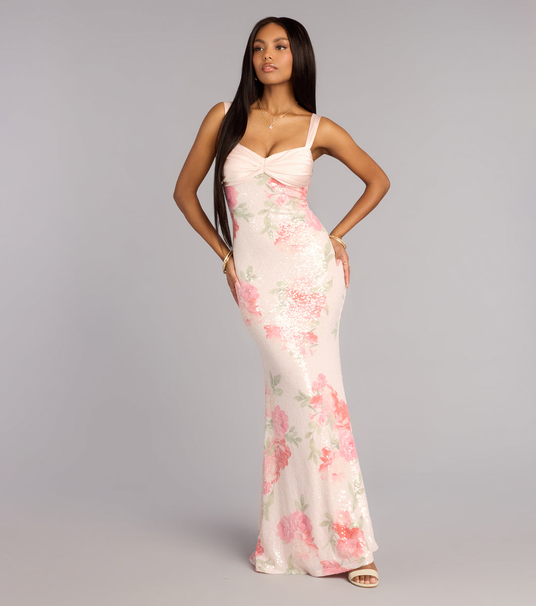 floral formal gown dress Liliane Floral Sequin Mermaid Formal Dress