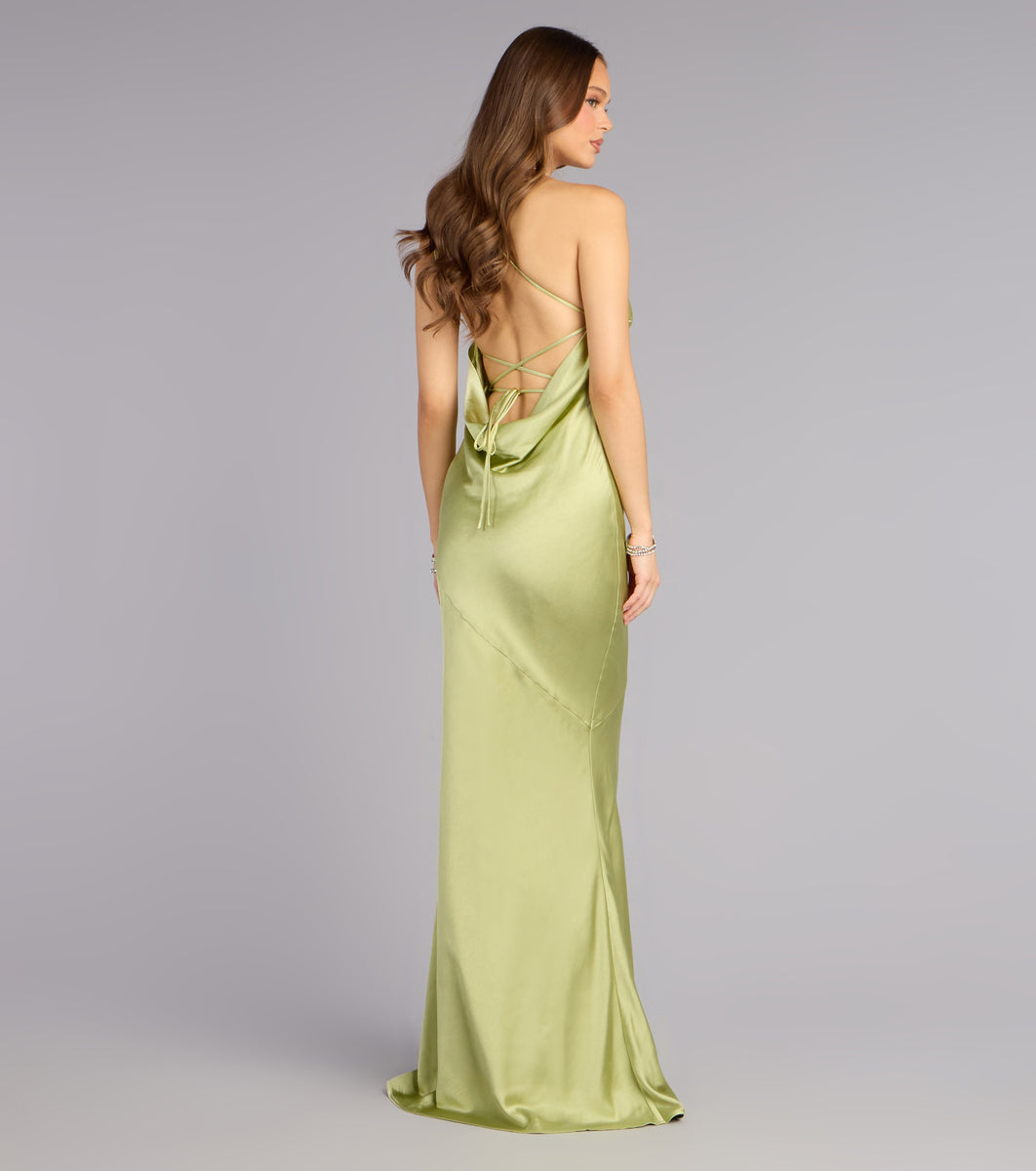 Windsor Brynlee Satin Open Back Formal Dress in Sage | Size: XL