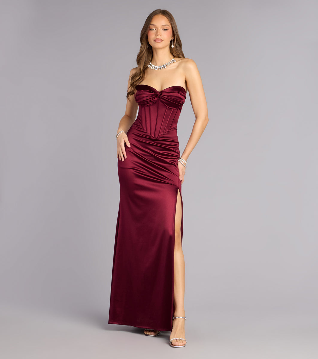 Alissa Satin Corset Slit Formal Dress in Wine | Size: S | Satin Fabric | Windsor