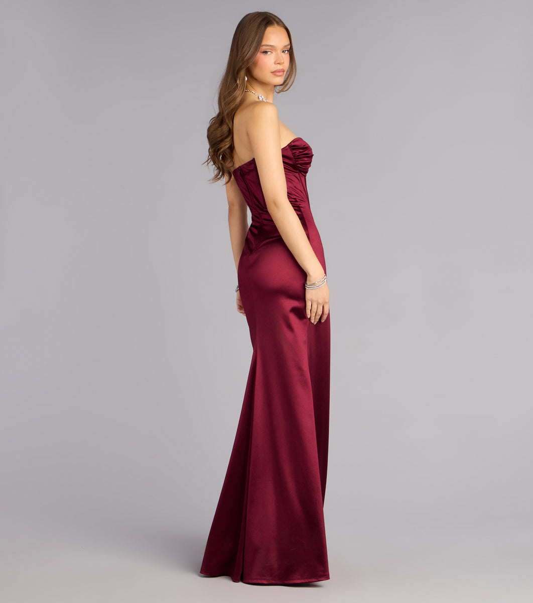 Alissa Satin Corset Slit Formal Dress in Wine | Size: S | Satin Fabric | Windsor Alissa Satin Corset Slit Formal Dress in Wine | Size: S | Satin Fabric | Windsor