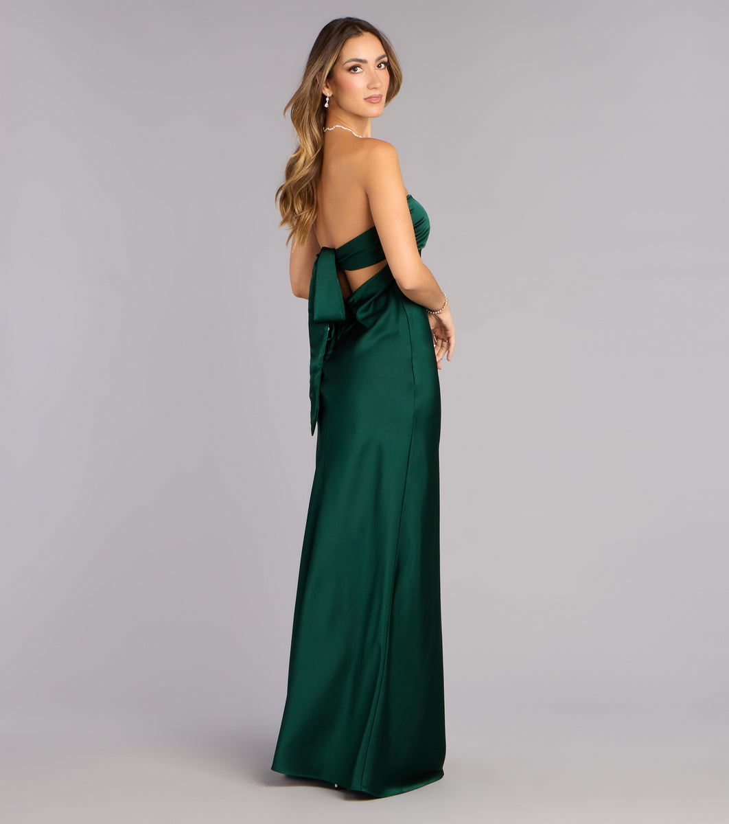 windsor anne formal lattice satin dress Windsor Andie Halter Open Back Slit Satin Formal Dress
