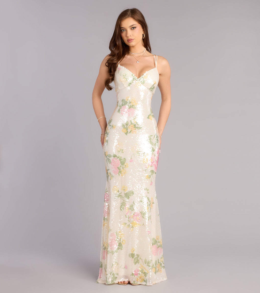 Windsor Elora Floral Sequin Lace-Up Mermaid Dress in White Print | Size: L | Knit Fabric Windsor Elora Floral Sequin Lace-Up Mermaid Dress in White Print | Size: L | Knit Fabric