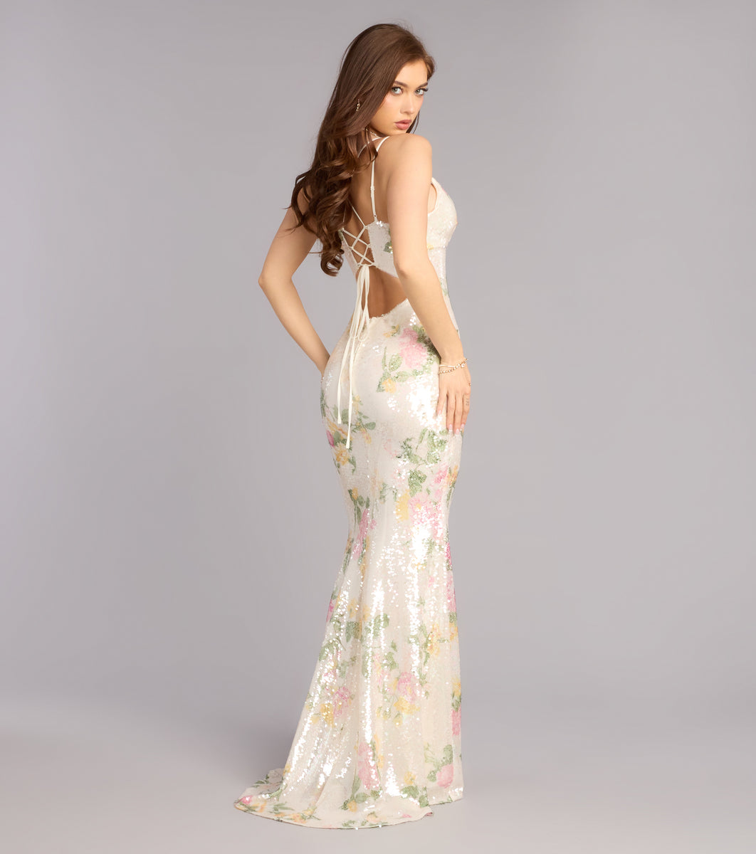 Windsor Elora Floral Sequin Lace-Up Mermaid Dress in White Print | Size: L | Knit Fabric Windsor Elora Floral Sequin Lace-Up Mermaid Dress in White Print | Size: L | Knit Fabric
