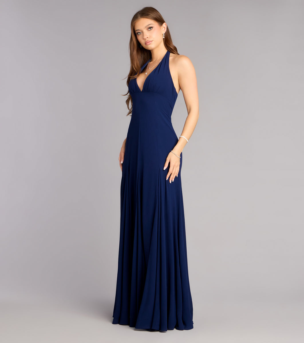 Windsor Julianna Chiffon Halter A-Line Formal Dress in Navy Blue | Size: XS