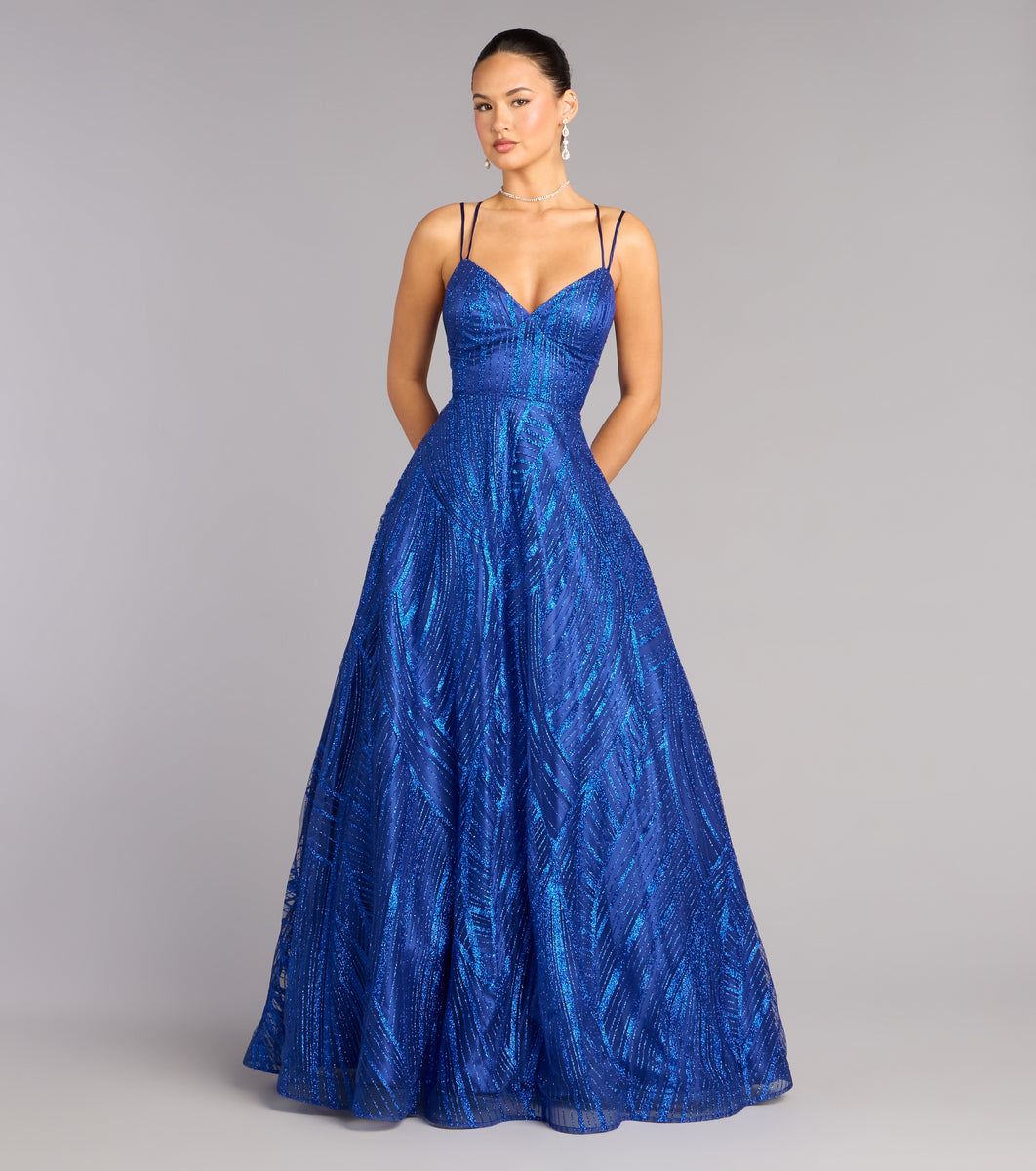Soraya Glitter A-Line Formal Dress in Royal Blue | Size: M | Mesh Fabric/Mesh Fabric/Satin Fabric