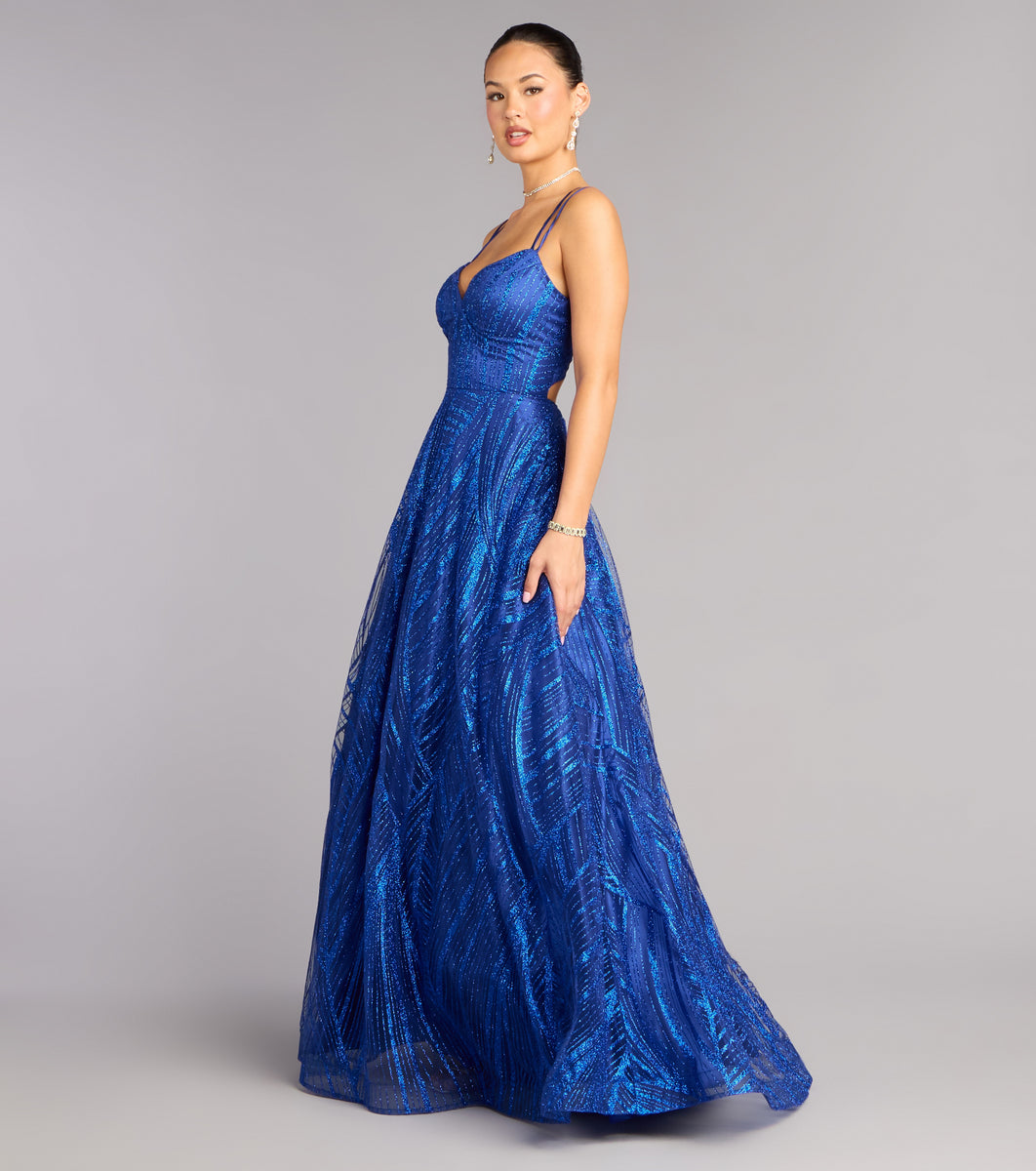 Soraya Glitter A-Line Formal Dress in Royal Blue | Size: M | Mesh Fabric/Mesh Fabric/Satin Fabric | Windsor