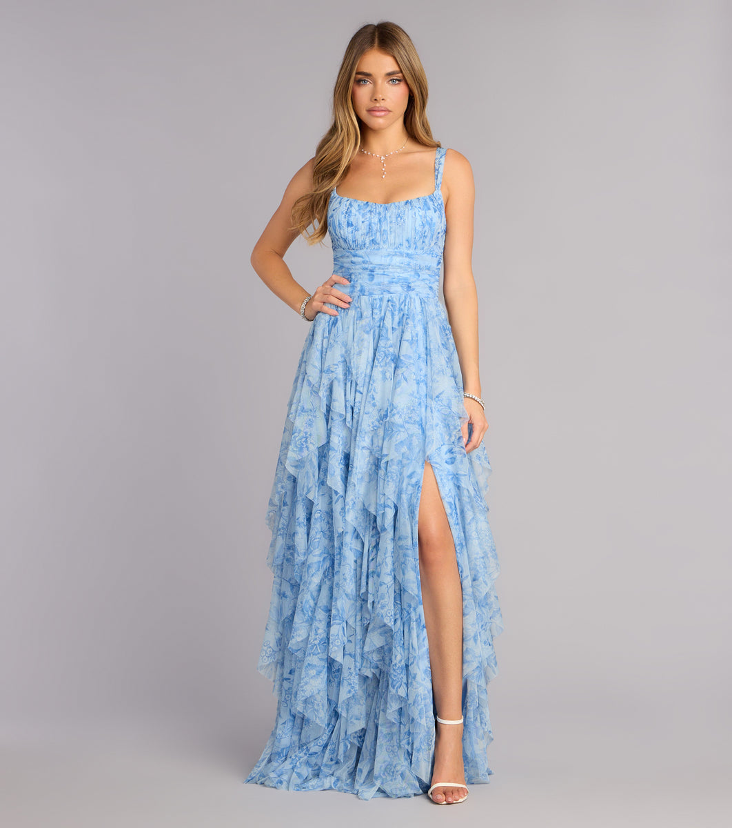 Luna Floral Ruffled Formal Dress in Light Blue | Size: S | Mesh Fabric/Mesh Fabric | Windsor Luna Floral Ruffled Formal Dress in Light Blue | Size: S | Mesh Fabric/Mesh Fabric | Windsor