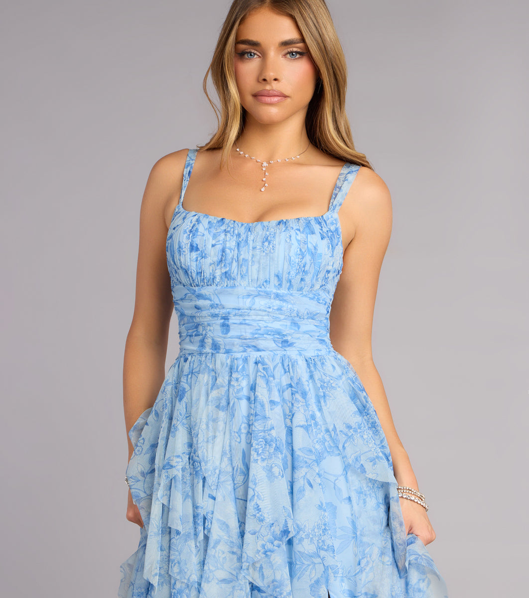 Luna Floral Ruffled Formal Dress in Light Blue | Size: S | Mesh Fabric/Mesh Fabric