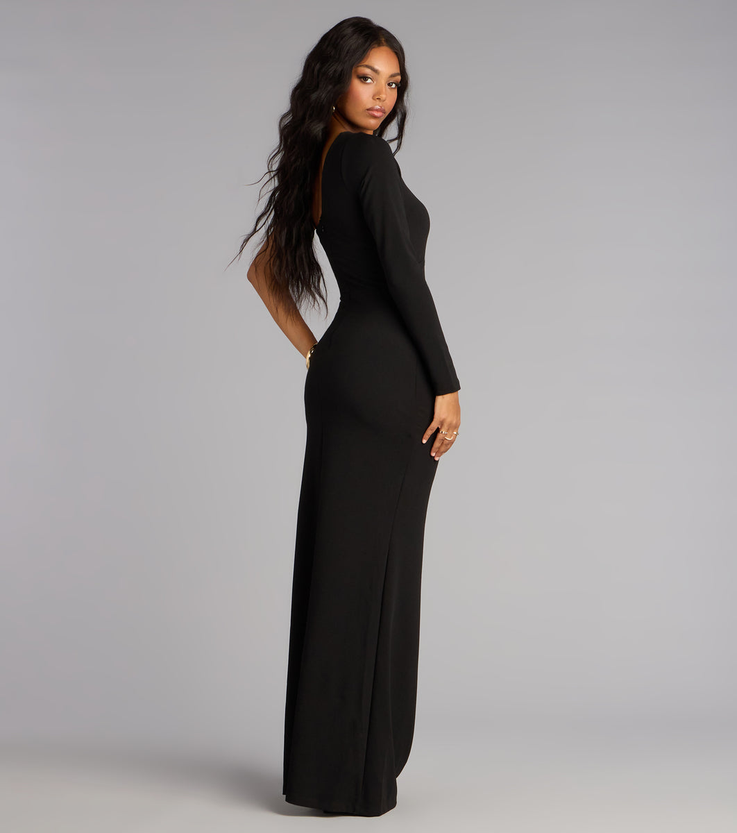 Windsor Sam Crepe One-Shoulder Slit Formal Dress in Black | Size: L