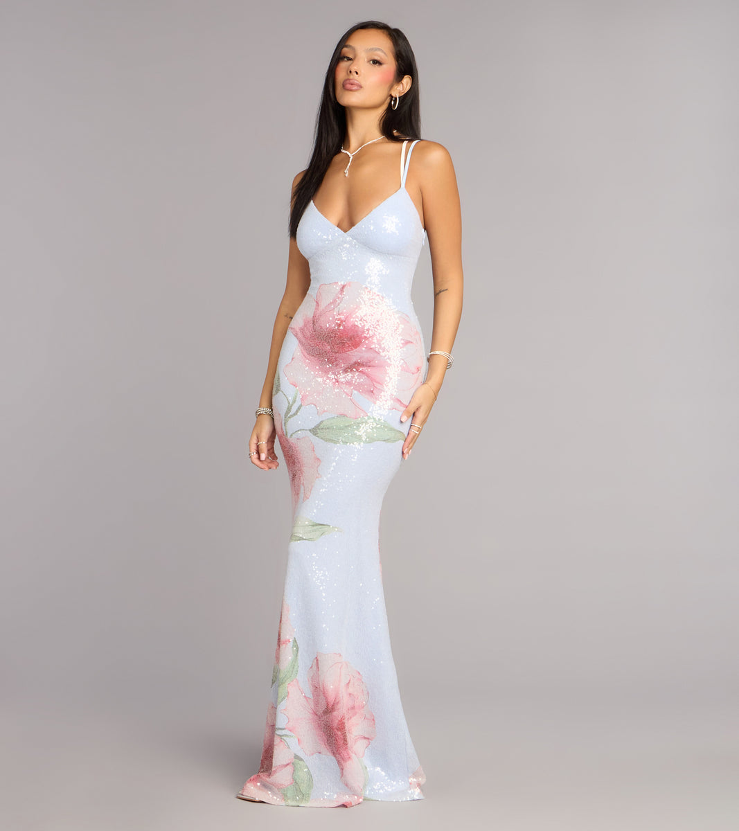 floral mermaid maxi dress Windsor Chance Floral Sequin Mermaid Formal Dress in Blue | Size: XXS