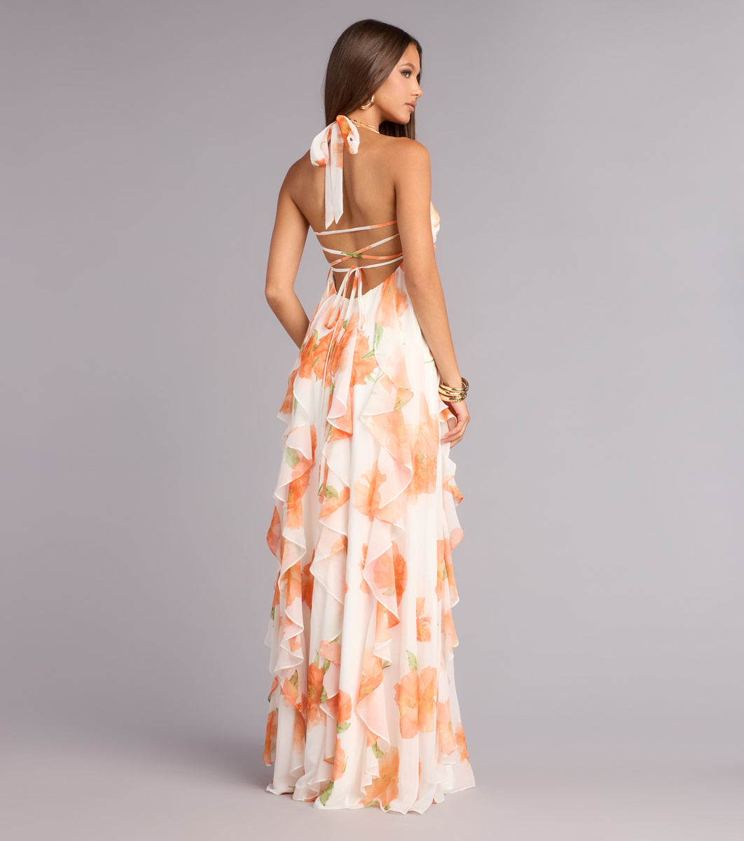 Windsor Alaiya Floral Chiffon Ruffle A-Line Dress in White Print