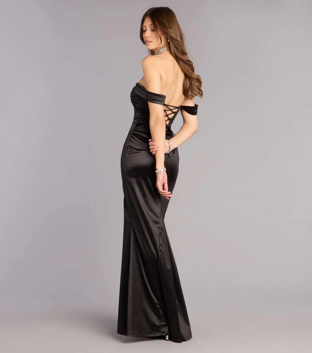 Windsor Stacey Rhinestone Trim Slit Formal Dress in Black | Size: M