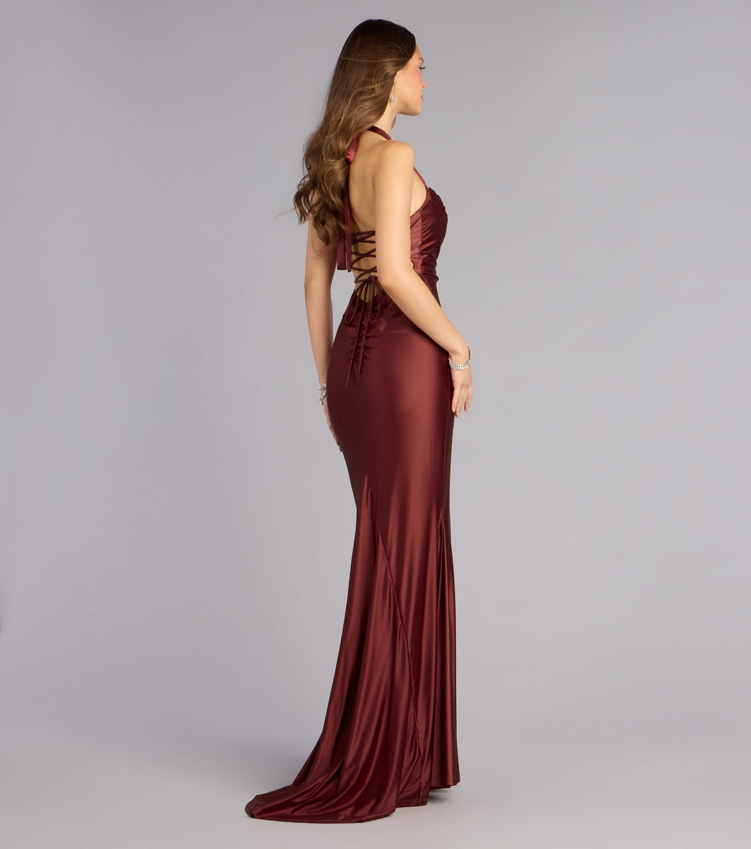 Windsor Jemma Halter Lace-Up Mermaid Dress in Brown | Size: S