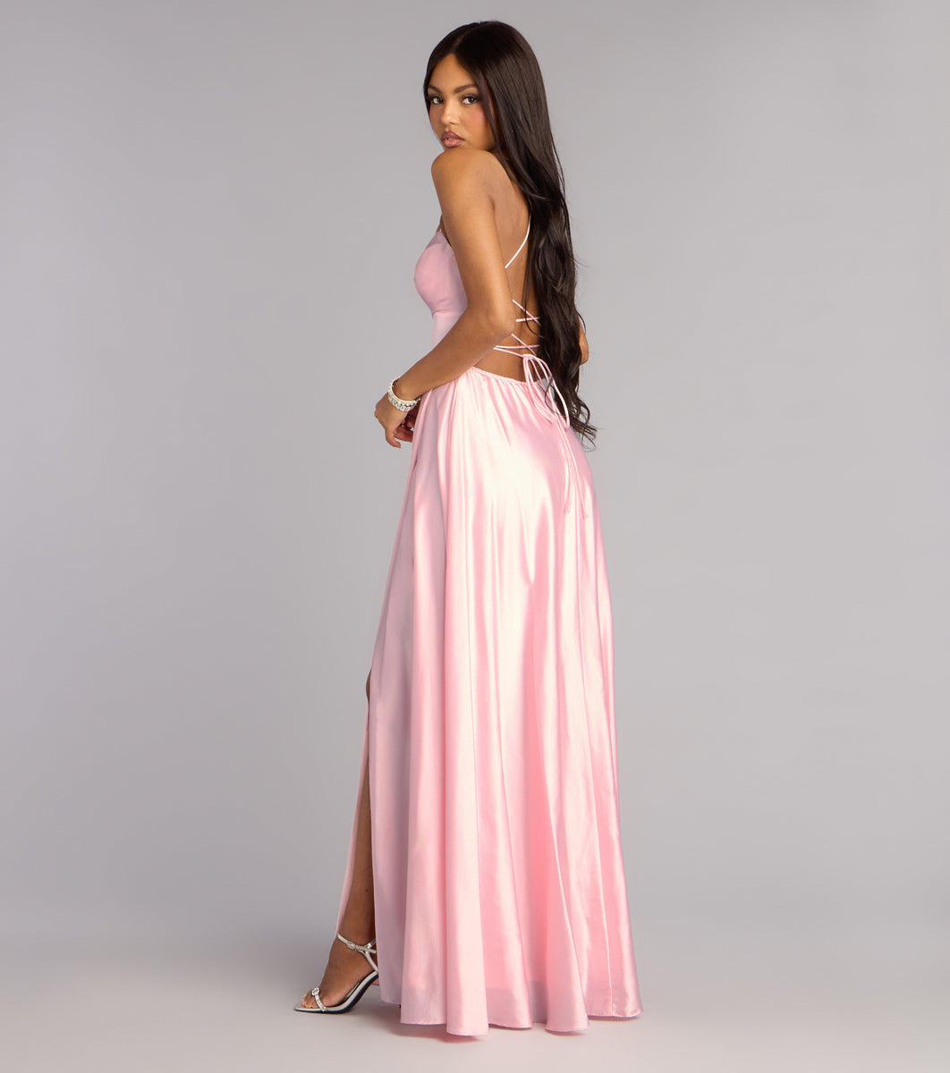 Windsor Natasha Satin A-Line Formal Dress in Navy Blue | Size: L