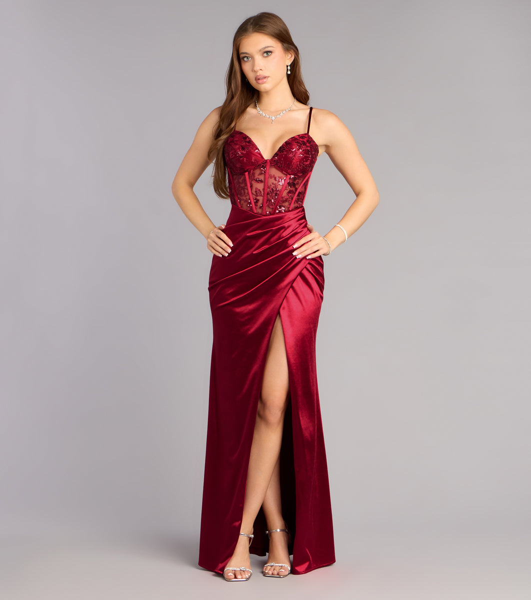 Jaylene Satin Corset Slit Formal Dress in Wine | Size: M | Knit Fabric/Mesh Fabric/Satin Fabric | Windsor Jaylene Satin Corset Slit Formal Dress in Wine | Size: M | Knit Fabric/Mesh Fabric/Satin Fabric | Windsor