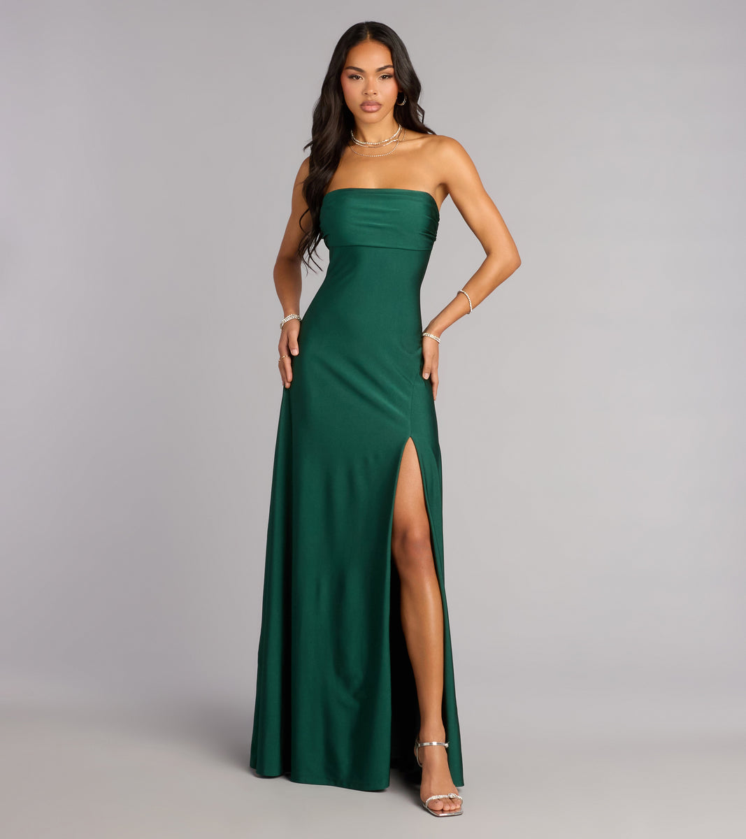 green strapless evening dress BABARONI Strapless Trumpet Long Dress with Slit Olive Green, Olive Green / US0 main image 0