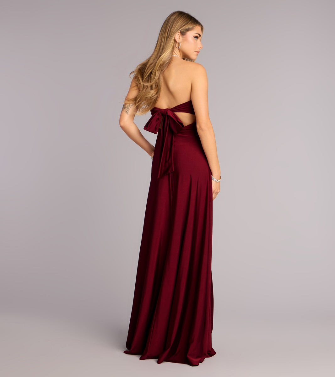 Madeline Strapless Tie-Back A-Line Dress in Wine | Size: XL | Knit Fabric | Windsor Madeline Strapless Tie-Back A-Line Dress in Wine | Size: XL | Knit Fabric | Windsor