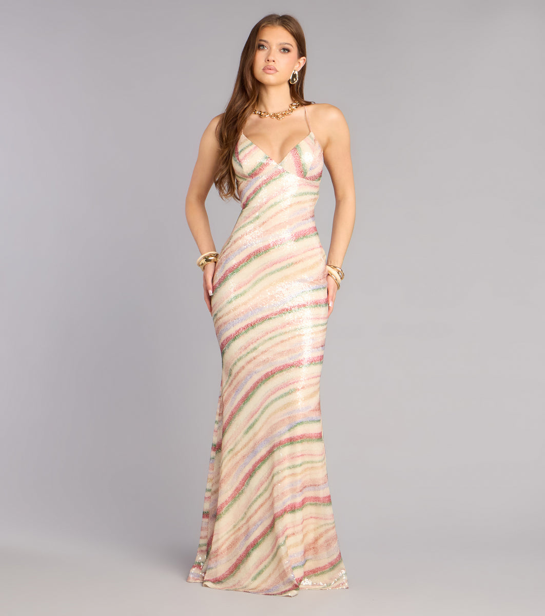 Janella Sequin Striped Formal Dress in Beige | Size: S | Knit Fabric