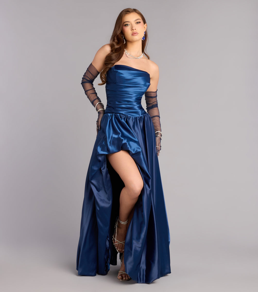 Windsor Grace Satin A-Line Bubble Formal Dress in Navy Blue | Size: XS