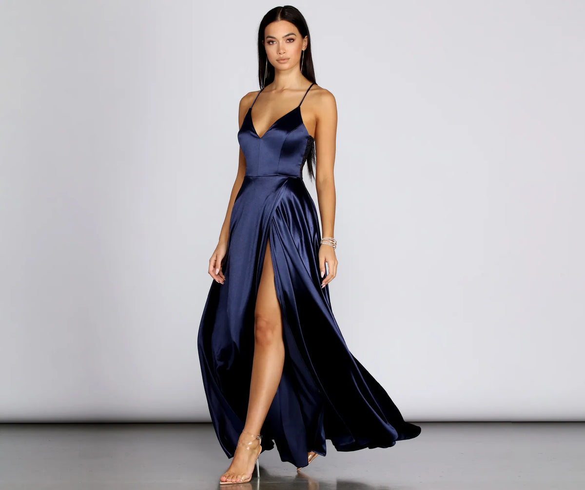 windsor black satin dress Blake Lace Back Satin Dress