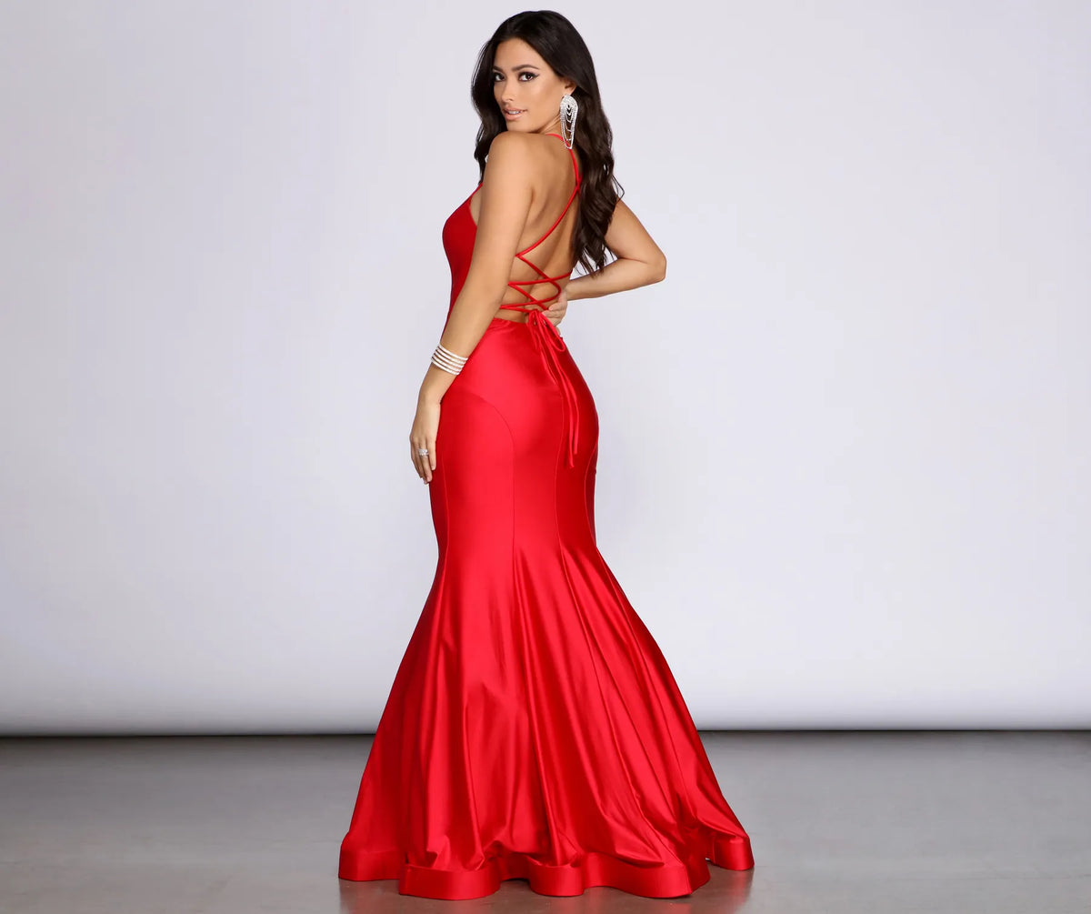 Dark Red Satin Mermaid Lace Up Party Maxi Dress
