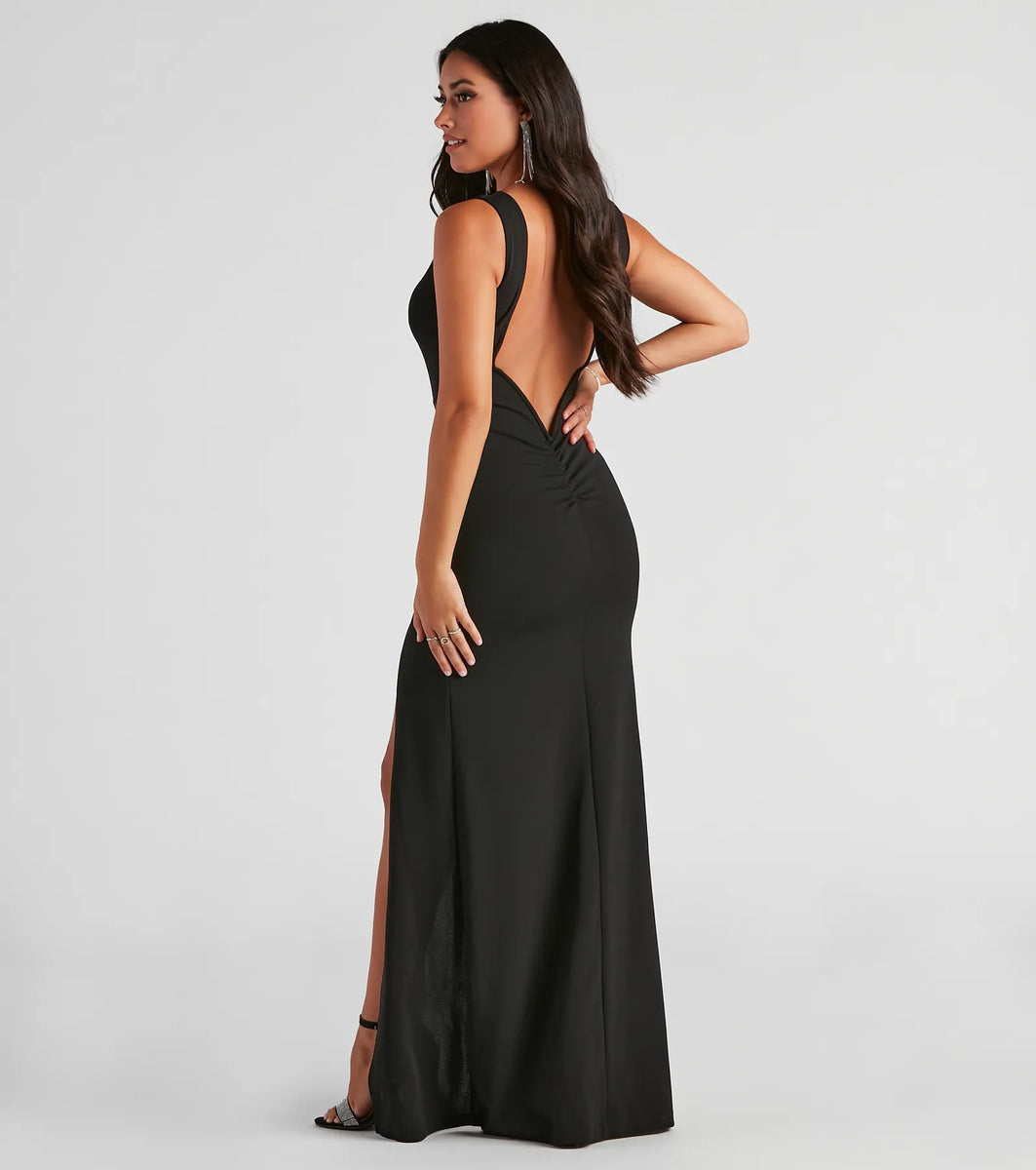 slim fit dress slacks Addie Formal Open Back Crepe Dress