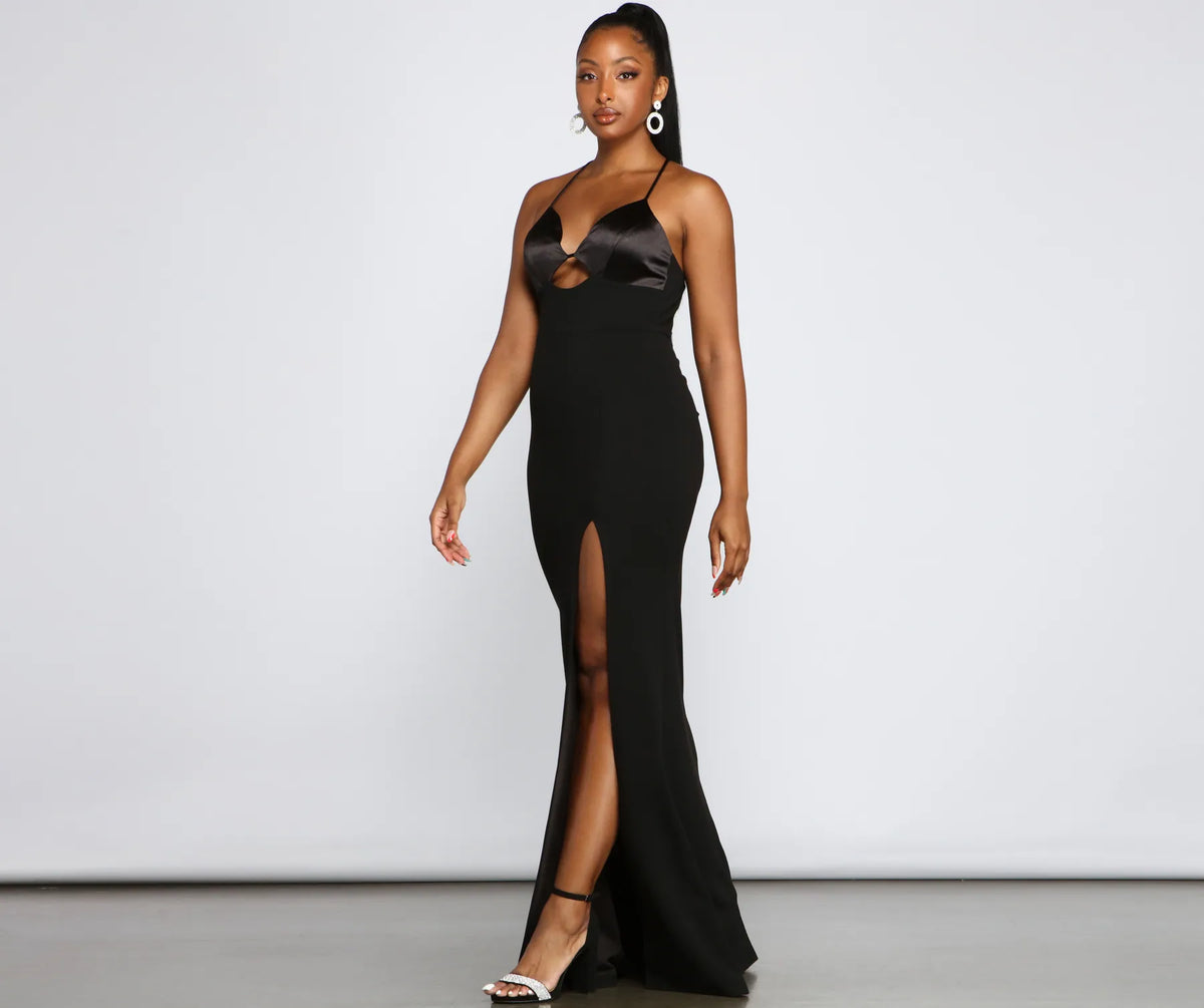 addie formal open back crepe dress Addie Formal Open Back Crepe Dress Special Occasion Make a head-turning entrance in a dress that captivates with stunning details! Addie features a sleeveless boat neck. padded cups with vertical seams at
