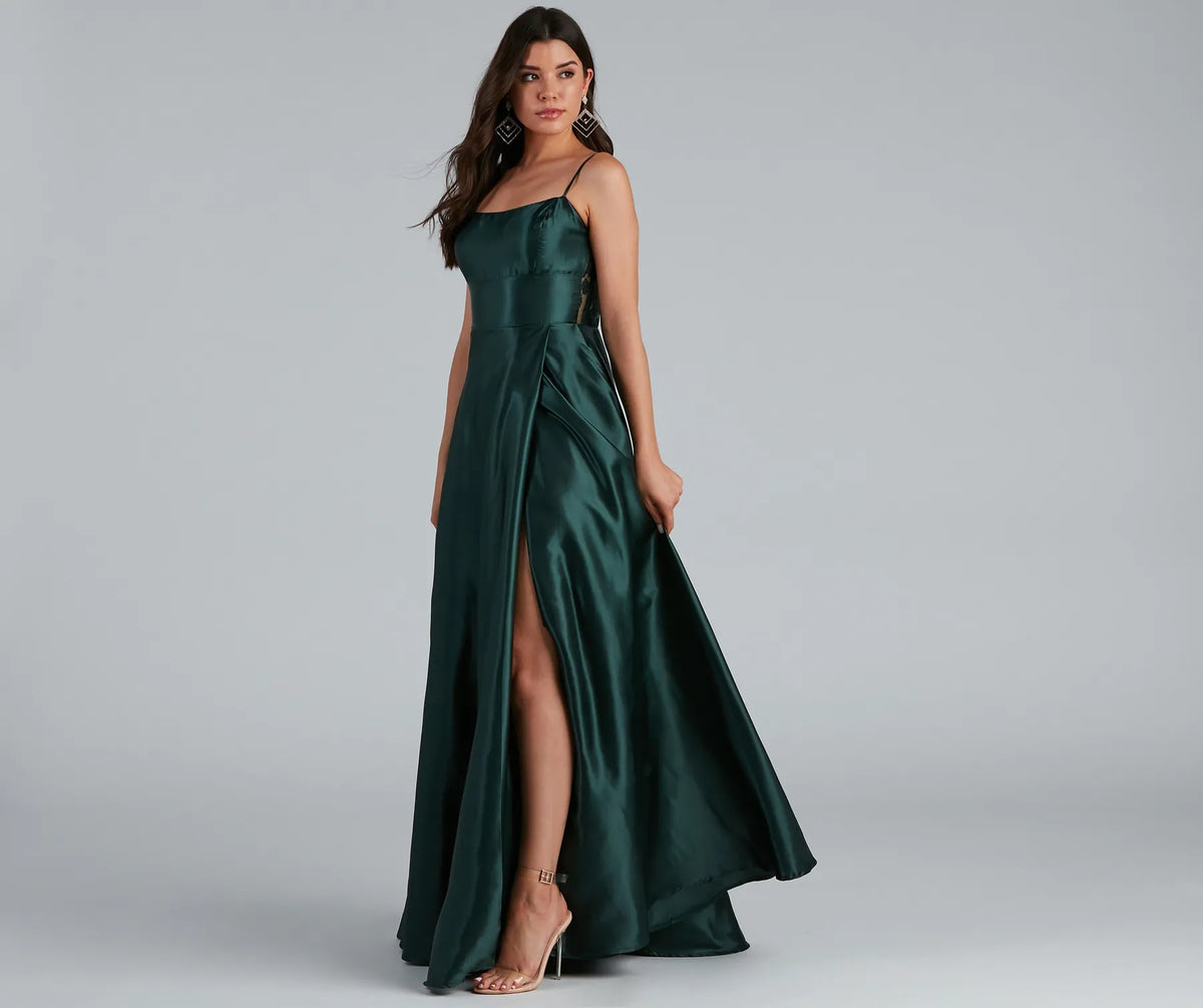 Lorella Satin Empire Lace Back Formal Dress Lorella Satin Empire Lace Back Formal Dress
