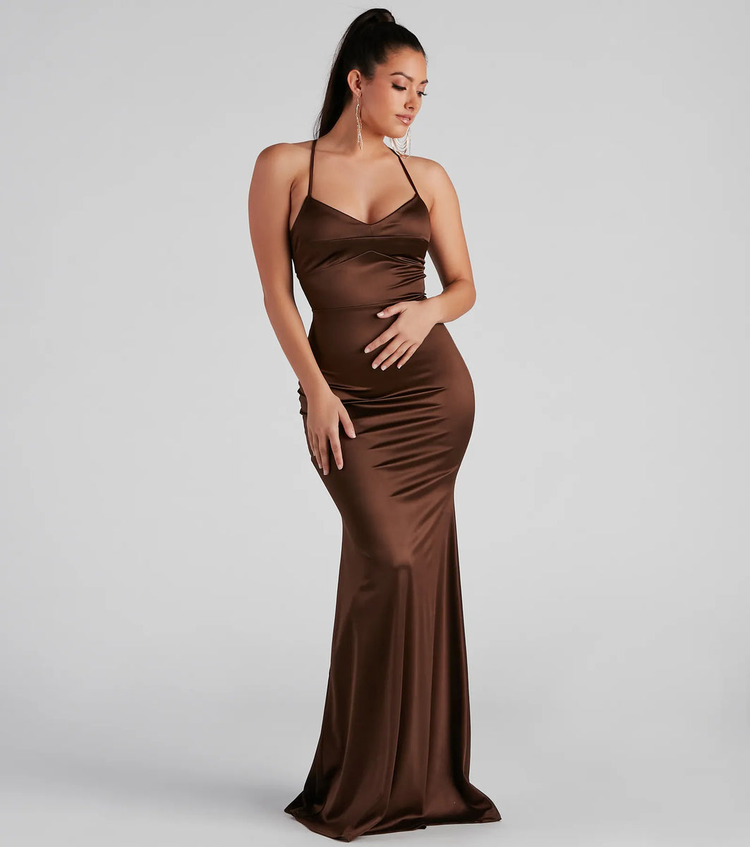 green emerald velvet dress Marsha Formal Satin Tie Back Dress