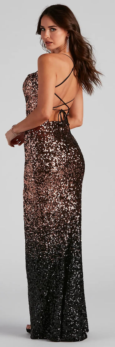 Judy Formal Sequin Ombre Lace Up Dress