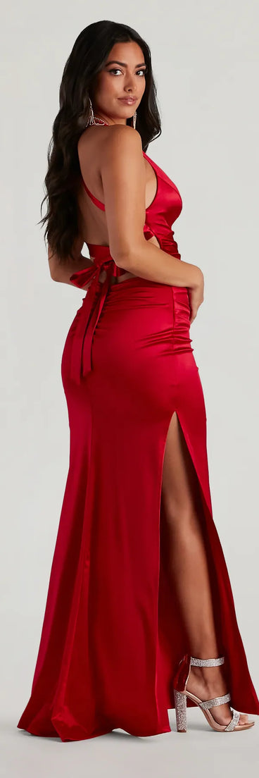Sam Formal Satin Open Back Dress in red, a stylish red dress with a flattering fit and fabric that adds allure to your look, perfect for wedding guest attire, cocktail events, or making a bold statement on a date night.