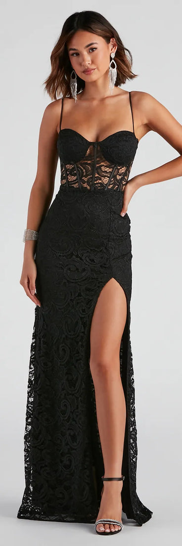 Turn heads at Prom 2025 in this black prom dress, where statement-making details meet the iconic style of the Vicky Formal Lace Corset Dress .