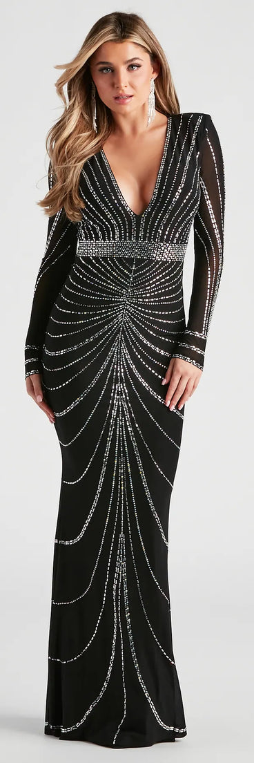 Shine bright in the Jennie Formal Rhinestone Long Dress, a black sparkly long sleeve dress crafted for winter formal events, NYE celebrations, and glamorous holiday outfits.