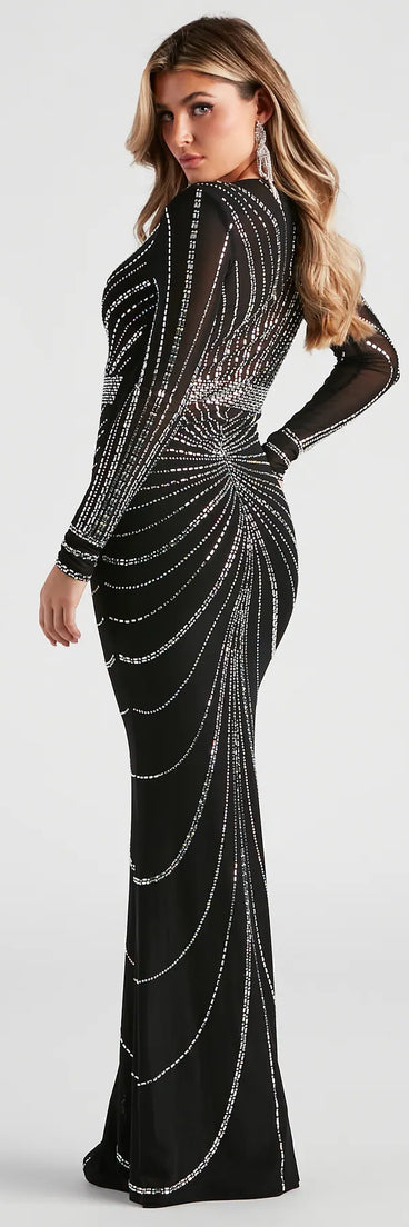 Get festive with the Jennie Formal Rhinestone Long Dress, a sparkly long sleeve dress in black that's perfect for holiday season formals, winter dances, or as a statement-making NYE outfit.